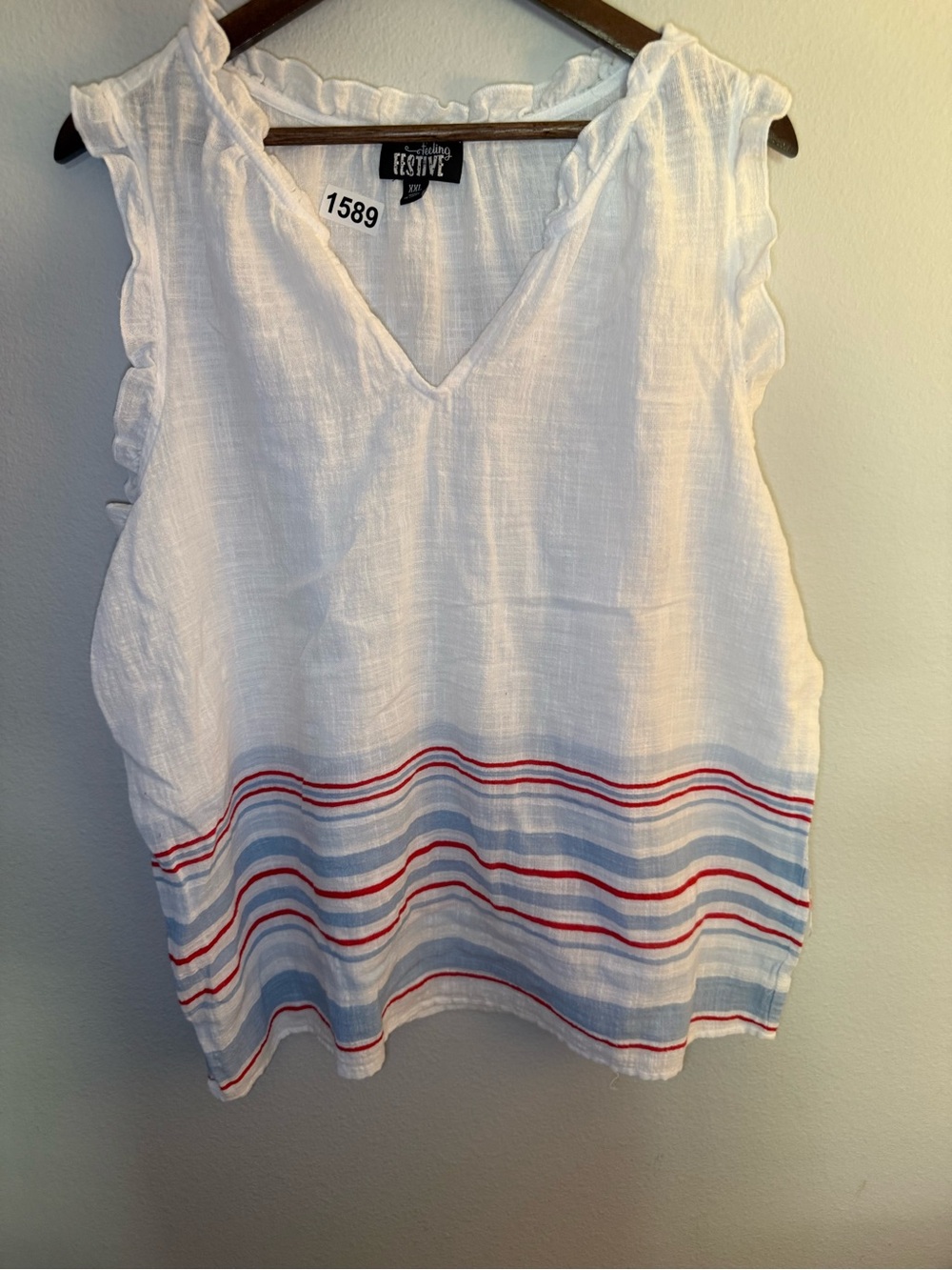 White V-Neck Sleeveless Blouse with Red & Blue Stripe Hem - Picture 2 of 5